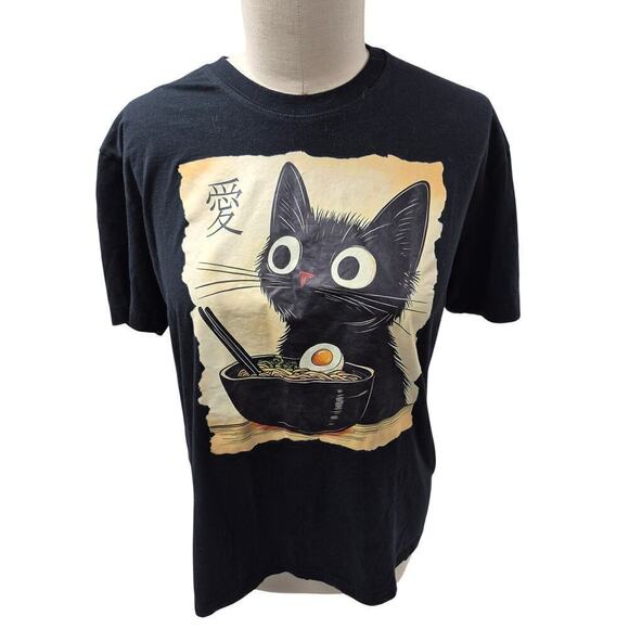 Black Cat Eating Ramen Noodles T-shirt M/L Unisex - Picture 3 of 4